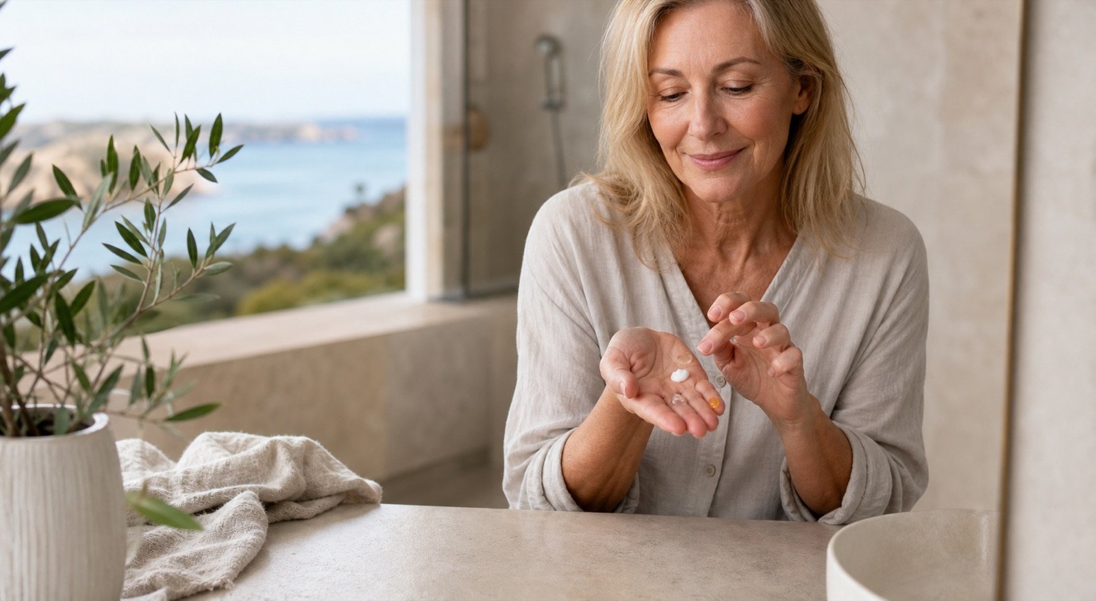 Mature woman measuring small skincare amounts onto clean fingertips at a vanity