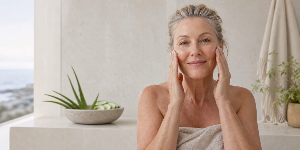Woman in her late 50s gently pressing hydrating toner into clean mature skin