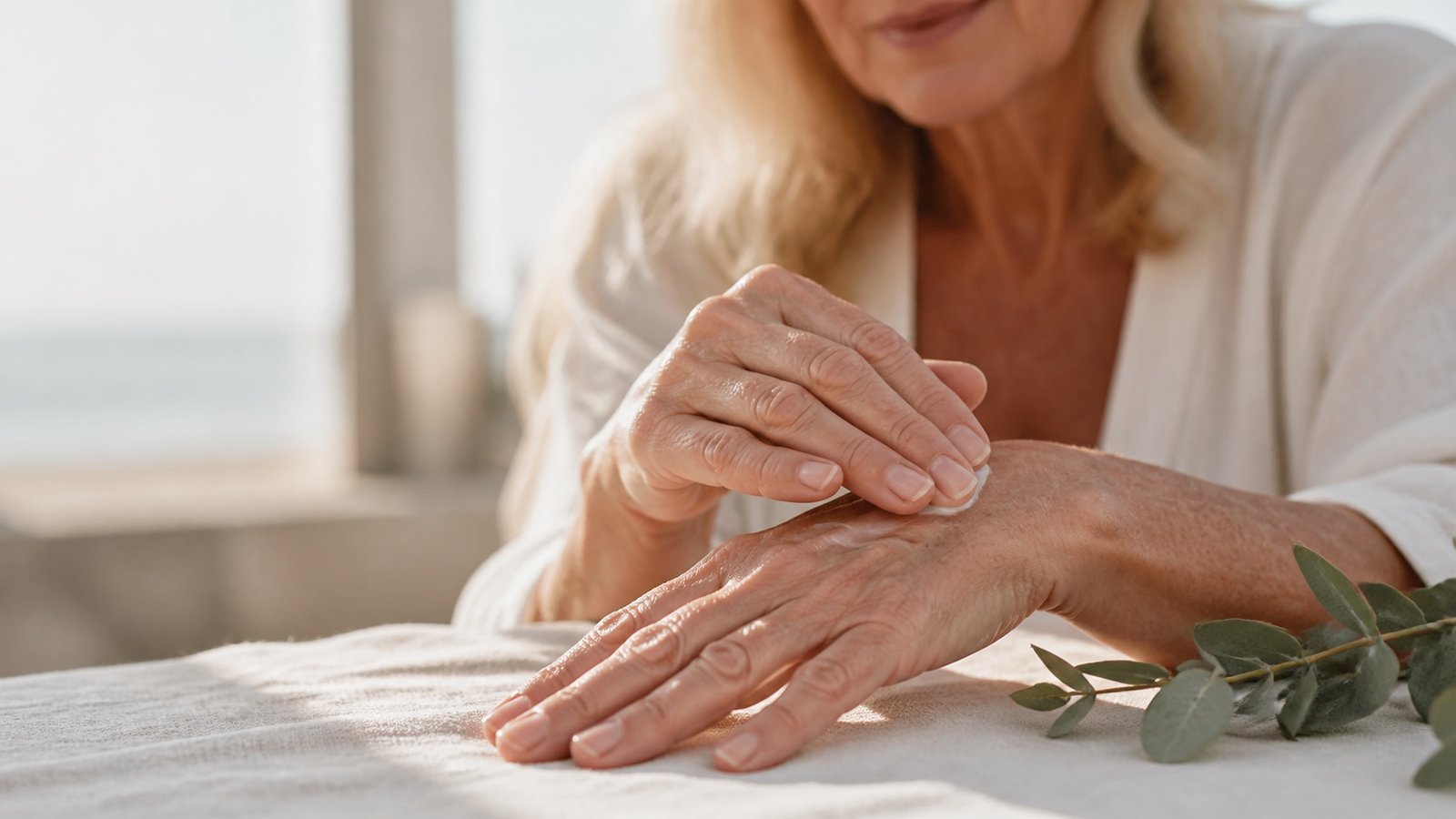 Natural hands of an Australian woman over 60 applying moisturiser in coastal light