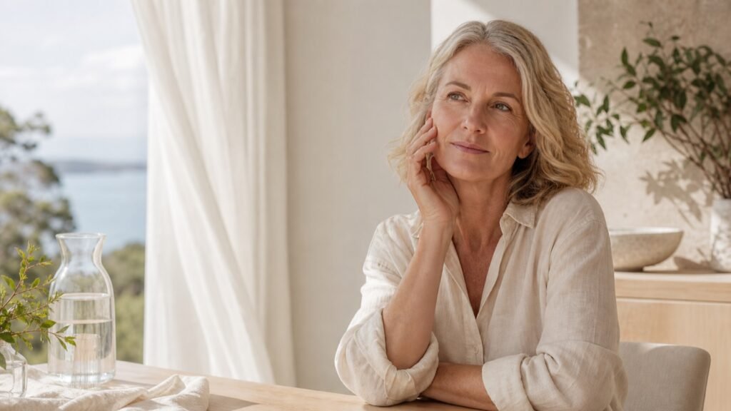 Woman in her late 50s noticing dry-feeling skin in a softly air-conditioned coastal room