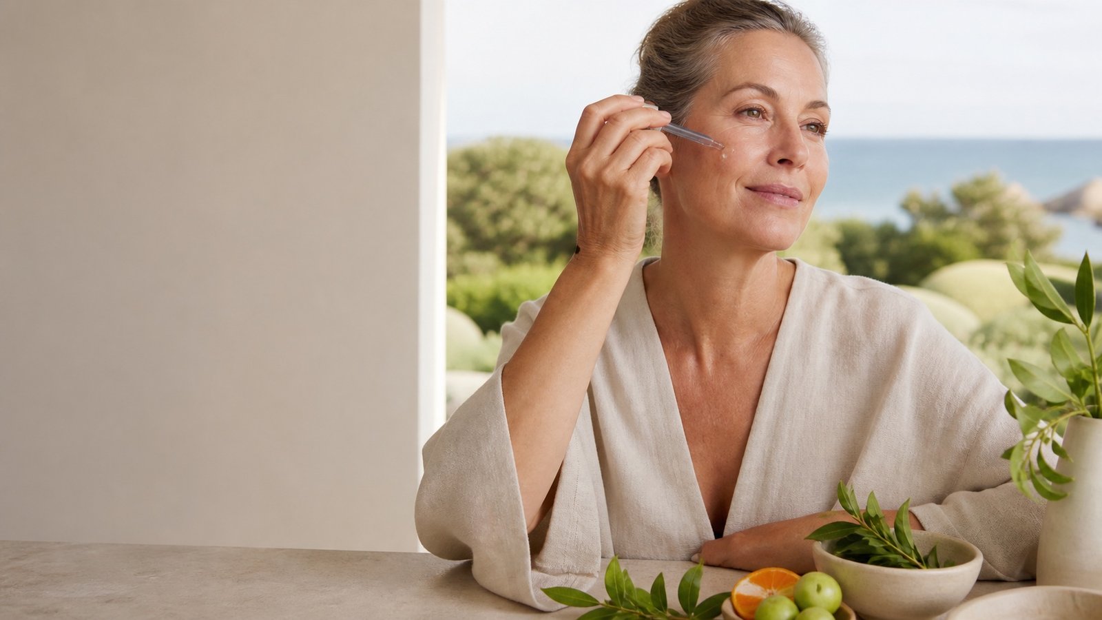 Woman over 50 applying serum beside Kakadu plum and green tea in protected coastal light