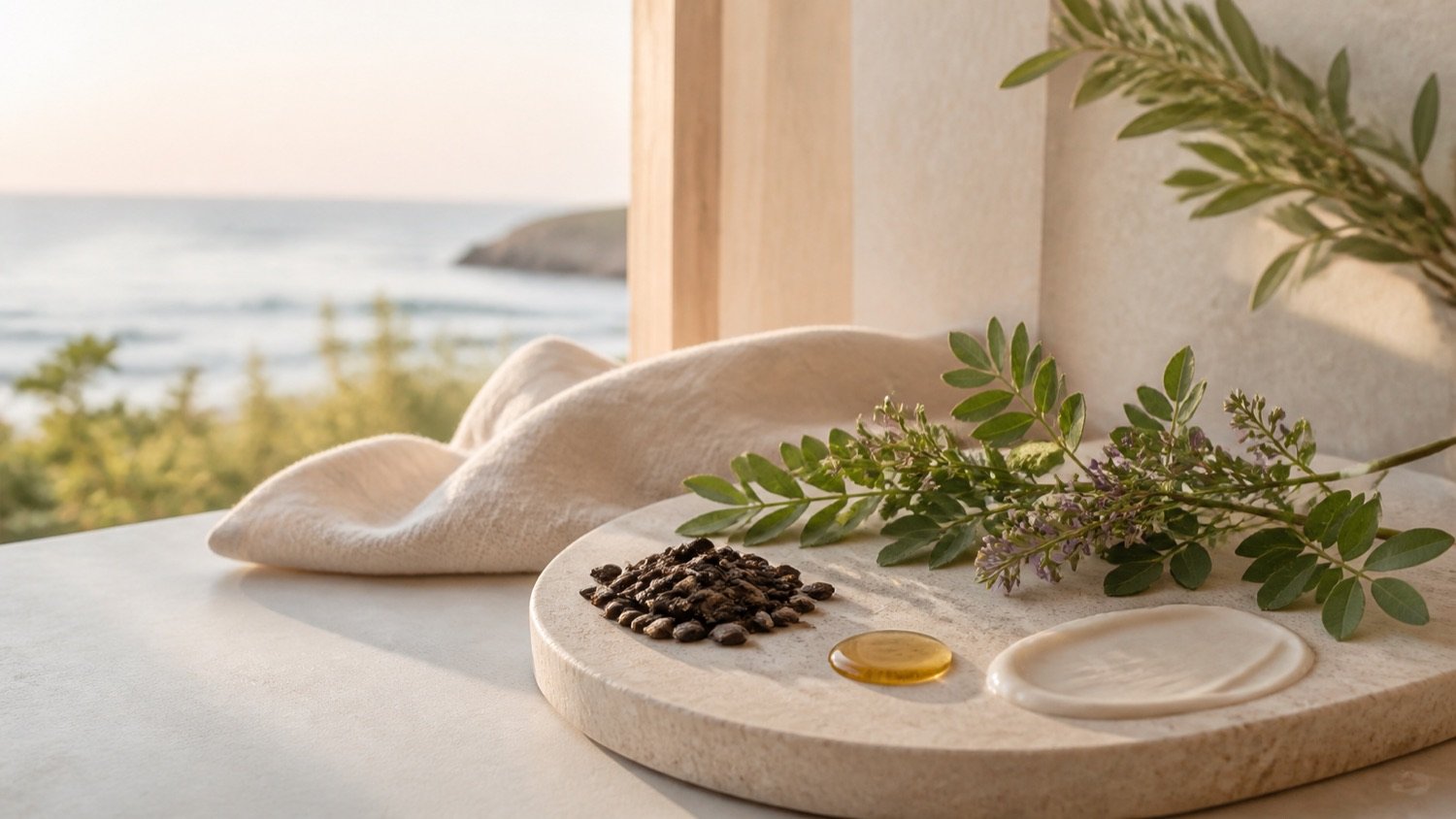 Babchi botanicals, seeds and skincare textures in soft Australian coastal light