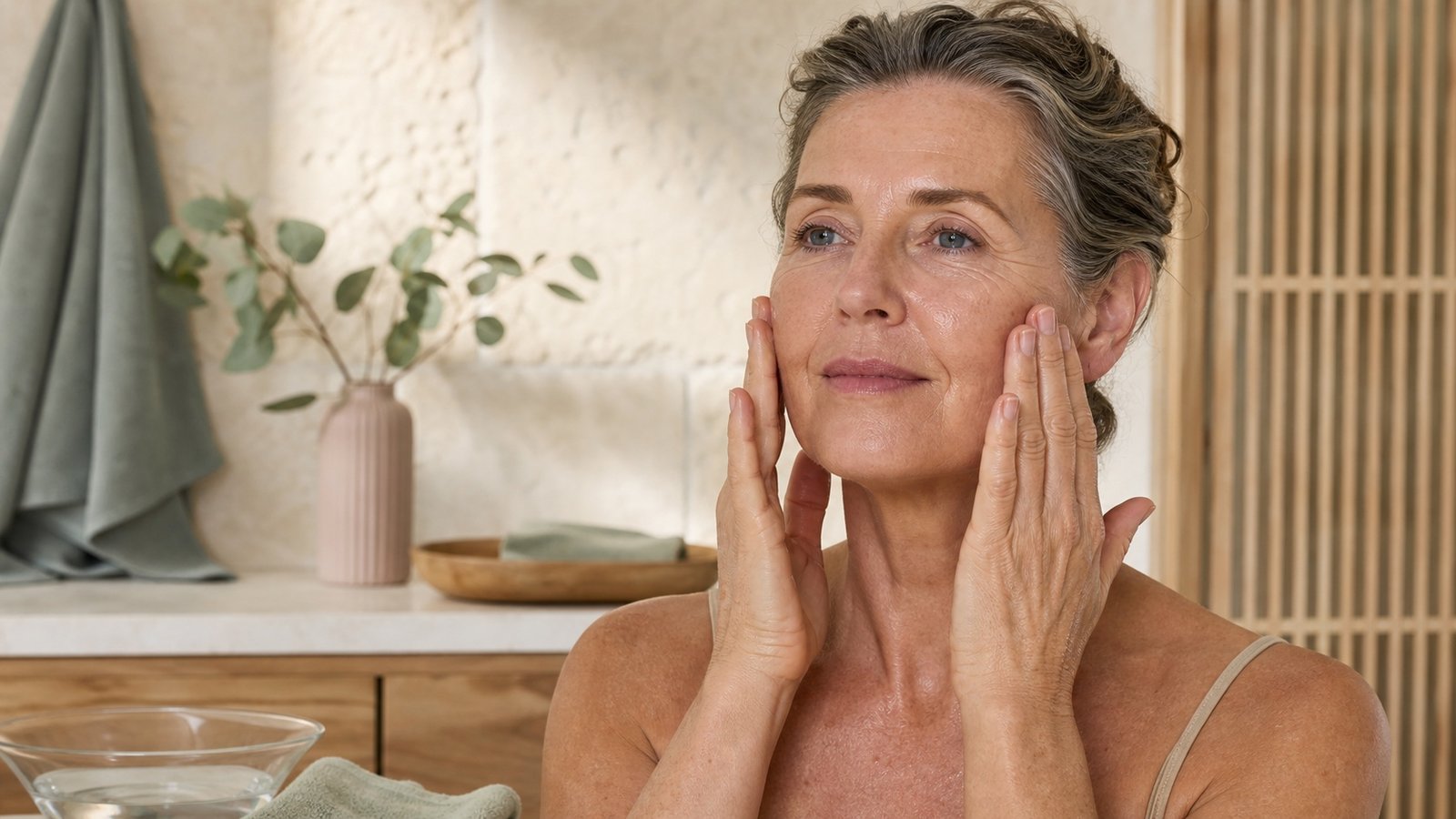 Australian woman over 50 pressing hydrating serum onto slightly damp mature skin