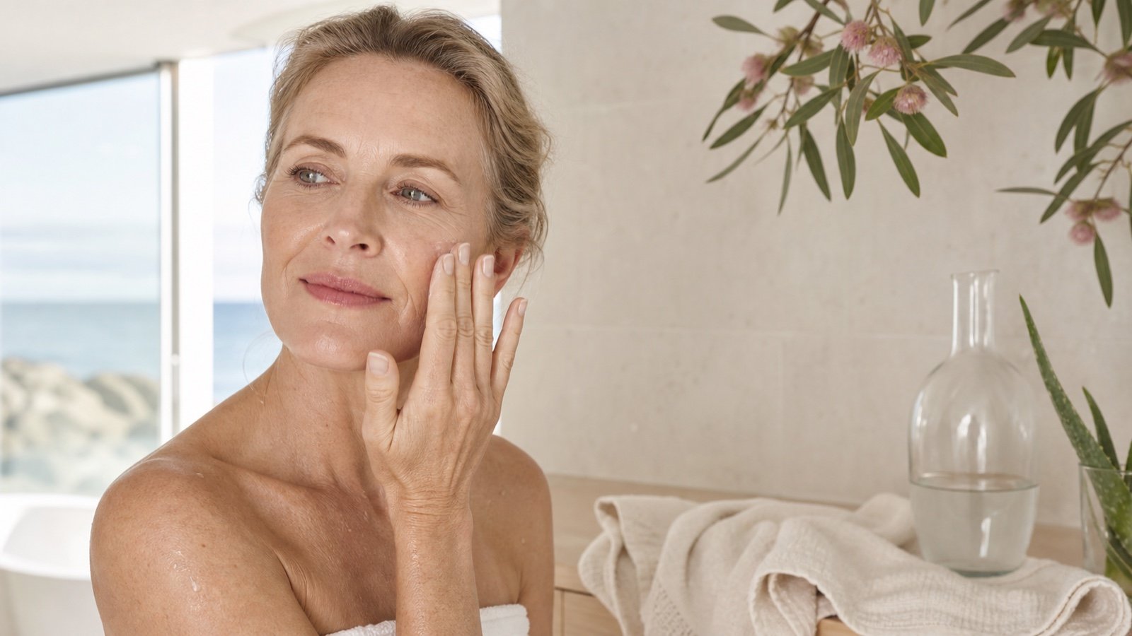 Woman in her 50s pressing hydration into mature skin in a bright coastal bathroom