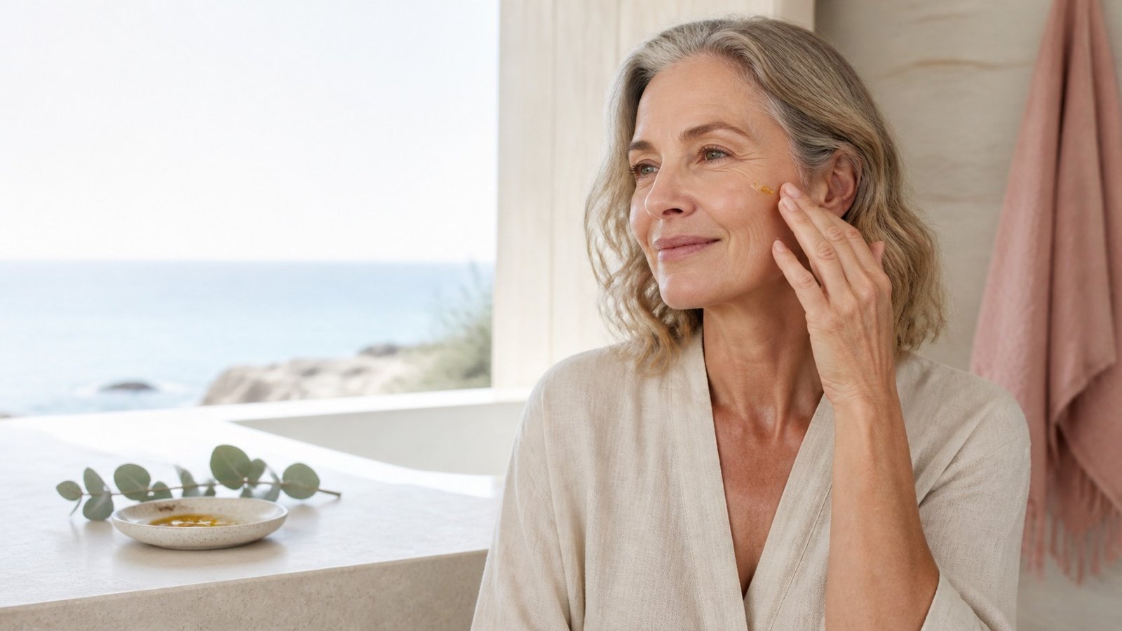 Australian woman over 50 applying a small amount of facial oil to balanced mature skin