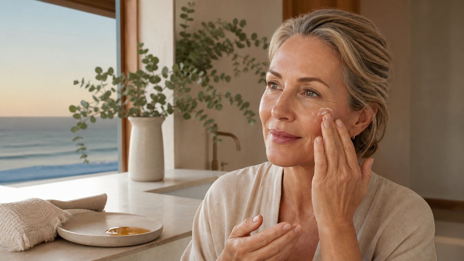 Australian woman over 50 layering hydrating serum before an evening facial oil
