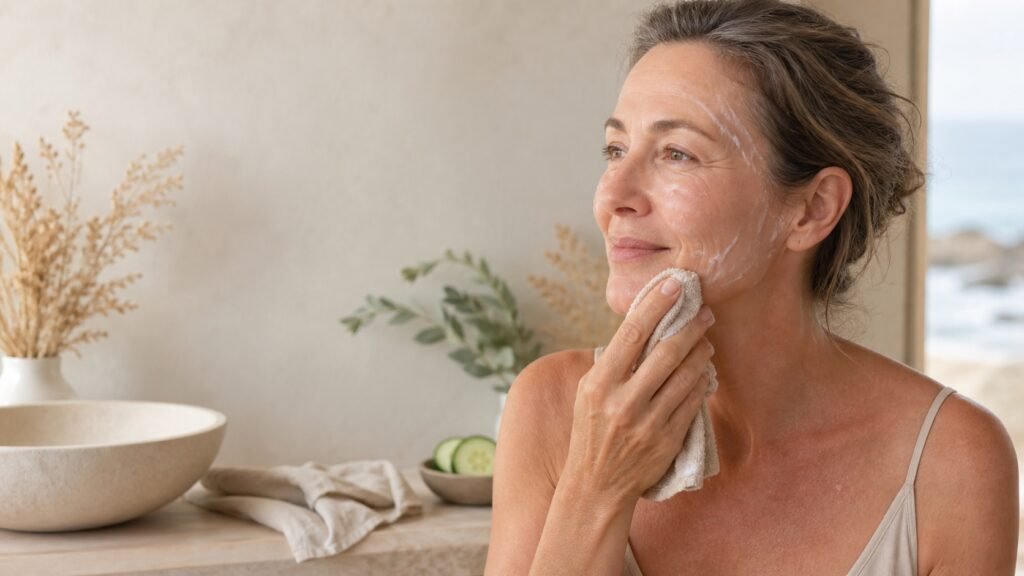 Woman over 40 gently cleansing mature skin with a soft cream texture and cloth