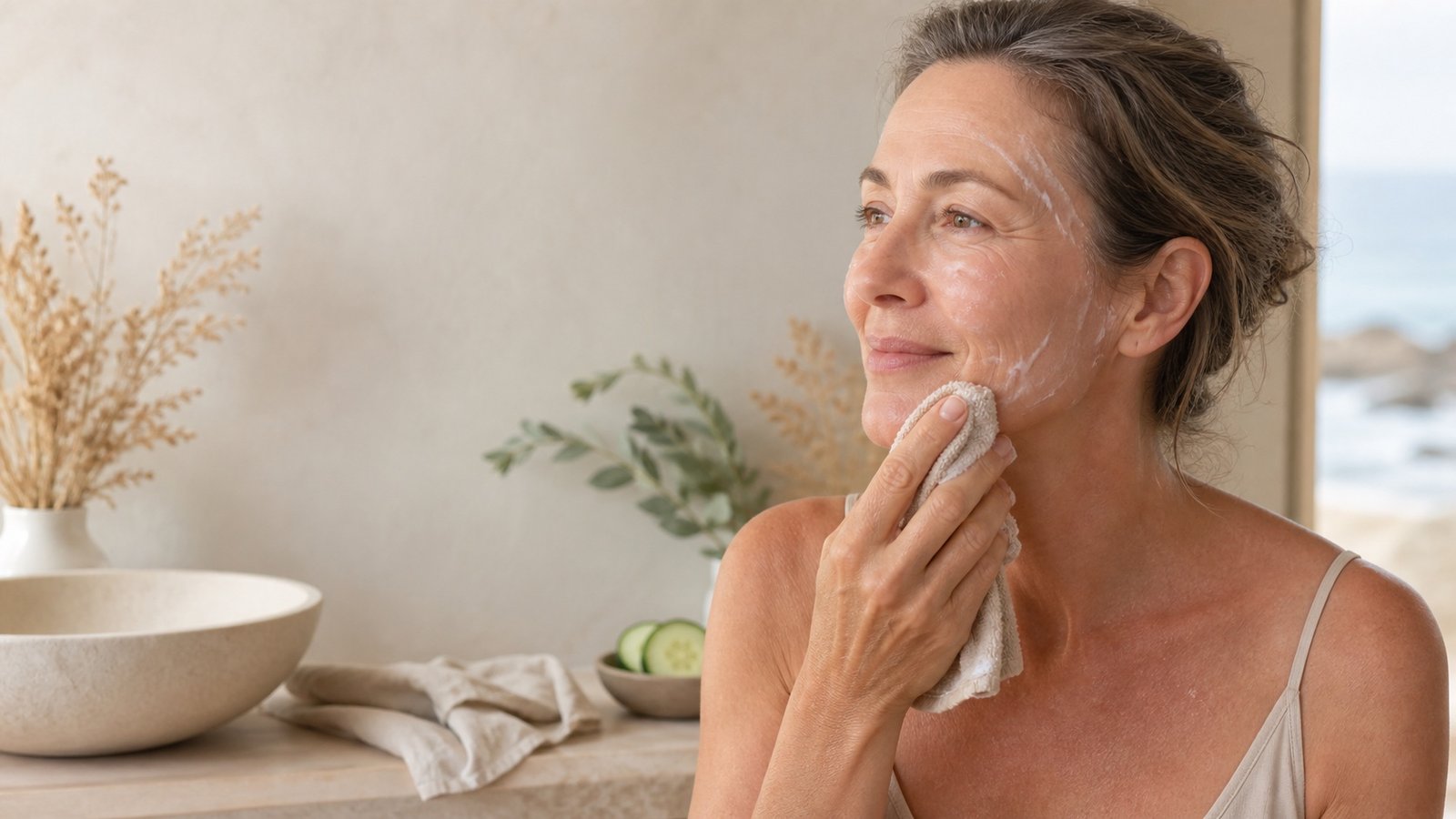 Woman over 40 gently cleansing mature skin with a soft cream texture and cloth