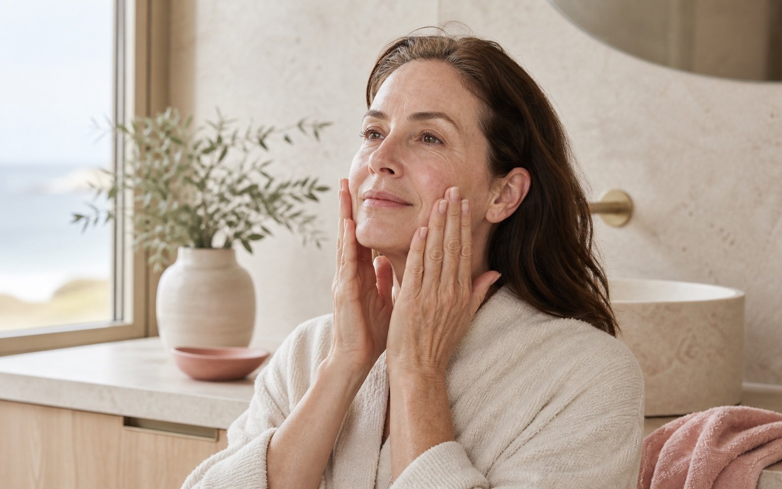 Woman over 50 gently pressing toner onto clean skin in a coastal bathroom