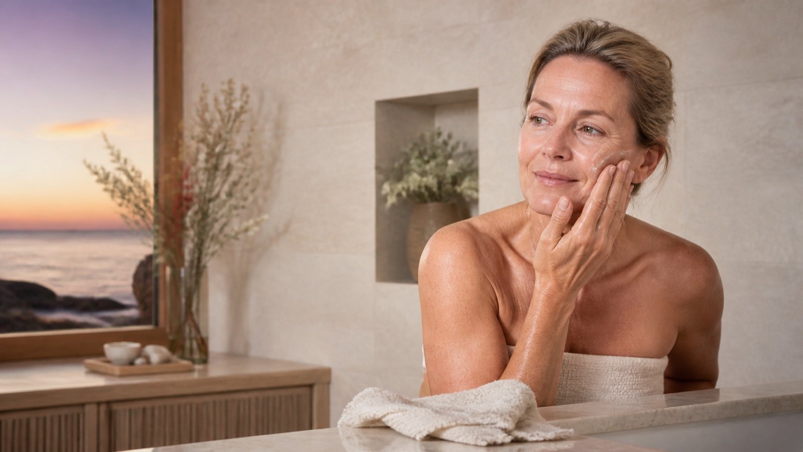 Woman over 50 gently cleansing mature skin in a softly lit coastal bathroom