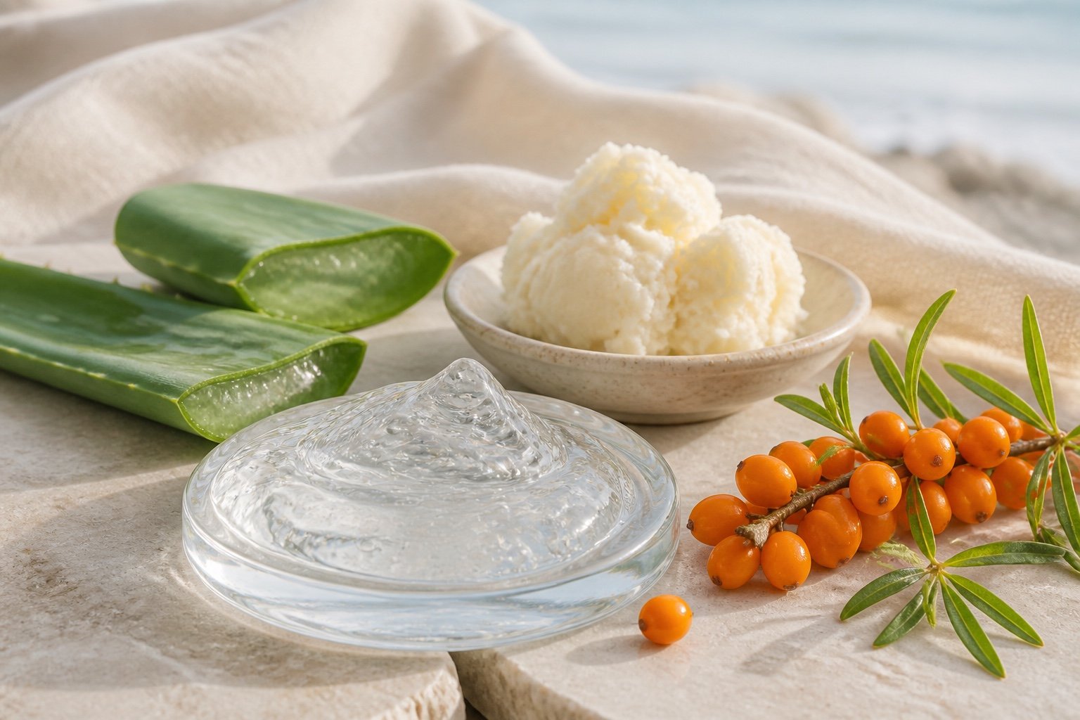 Clear hyaluronic gel, aloe vera, shea butter and sea buckthorn ingredients