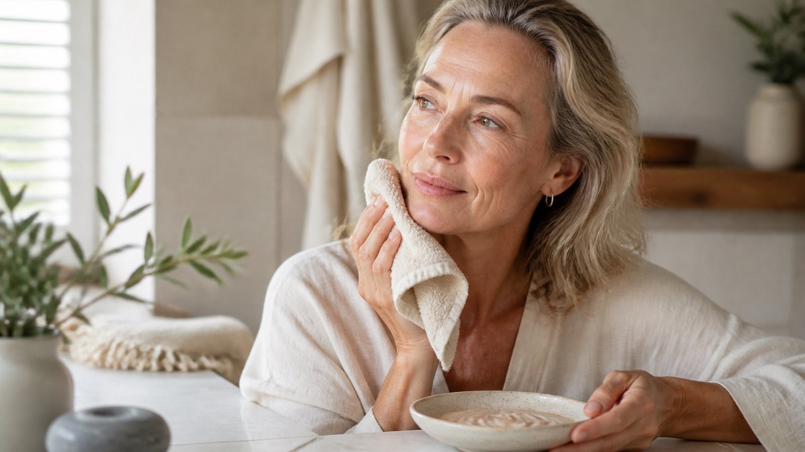 Australian woman over 40 considering a gentle exfoliation step with a soft face cloth