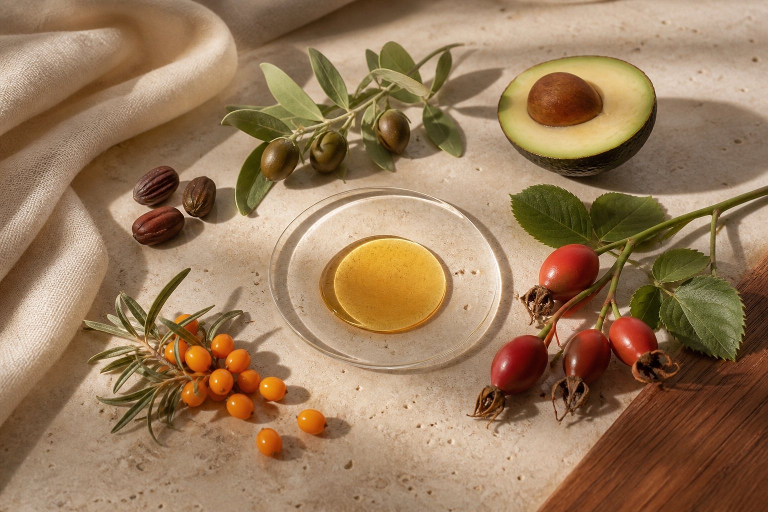 Jojoba, avocado, rosehip and sea buckthorn with golden botanical oil