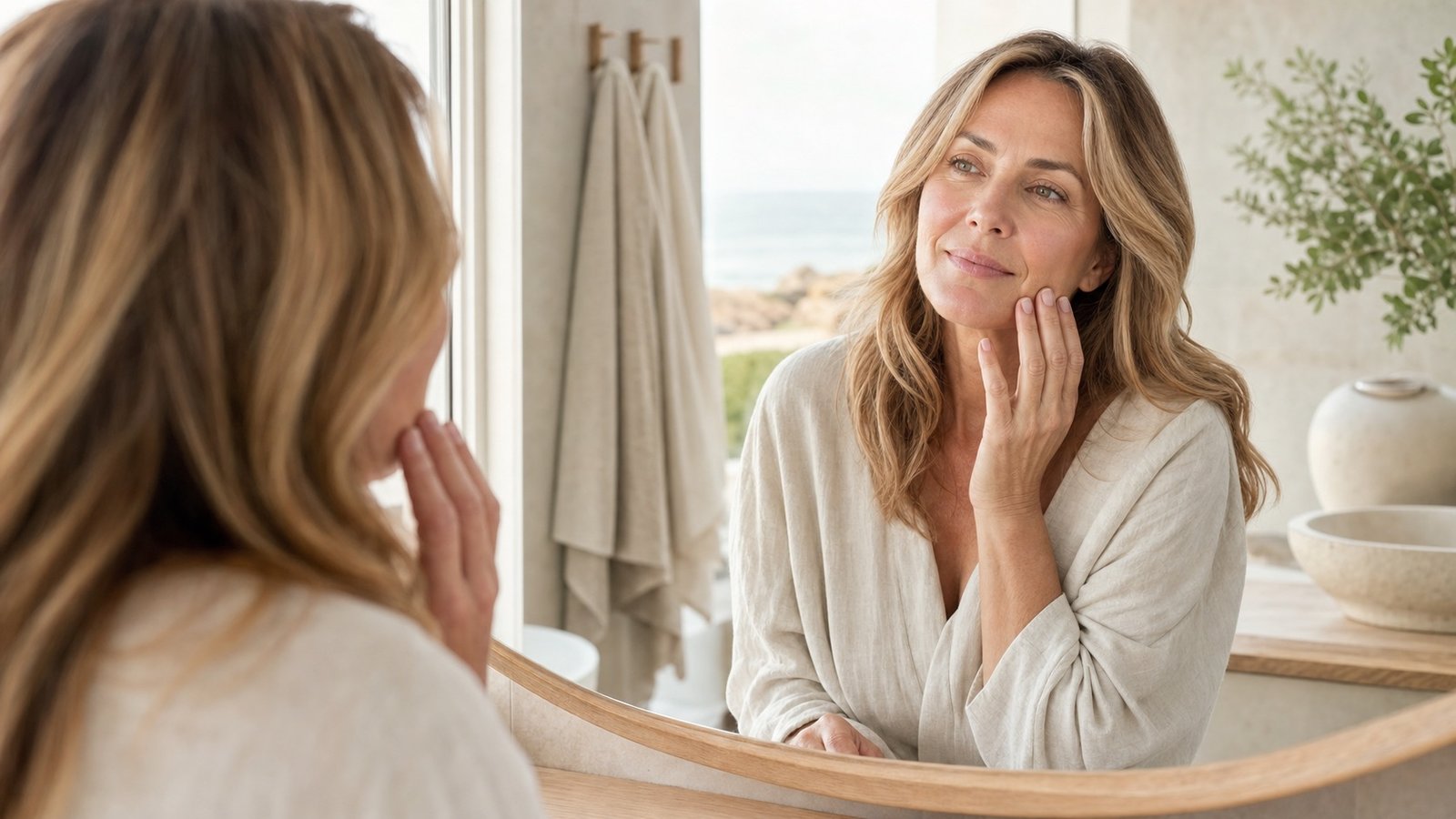 Australian woman in her mid-40s gently assessing combination skin in a bright coastal bathroom mirror