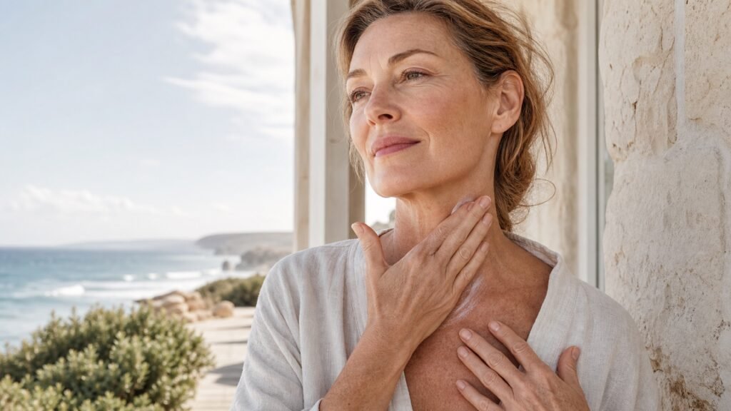 Australian woman in her late 50s gently moisturising the side of her neck in coastal light