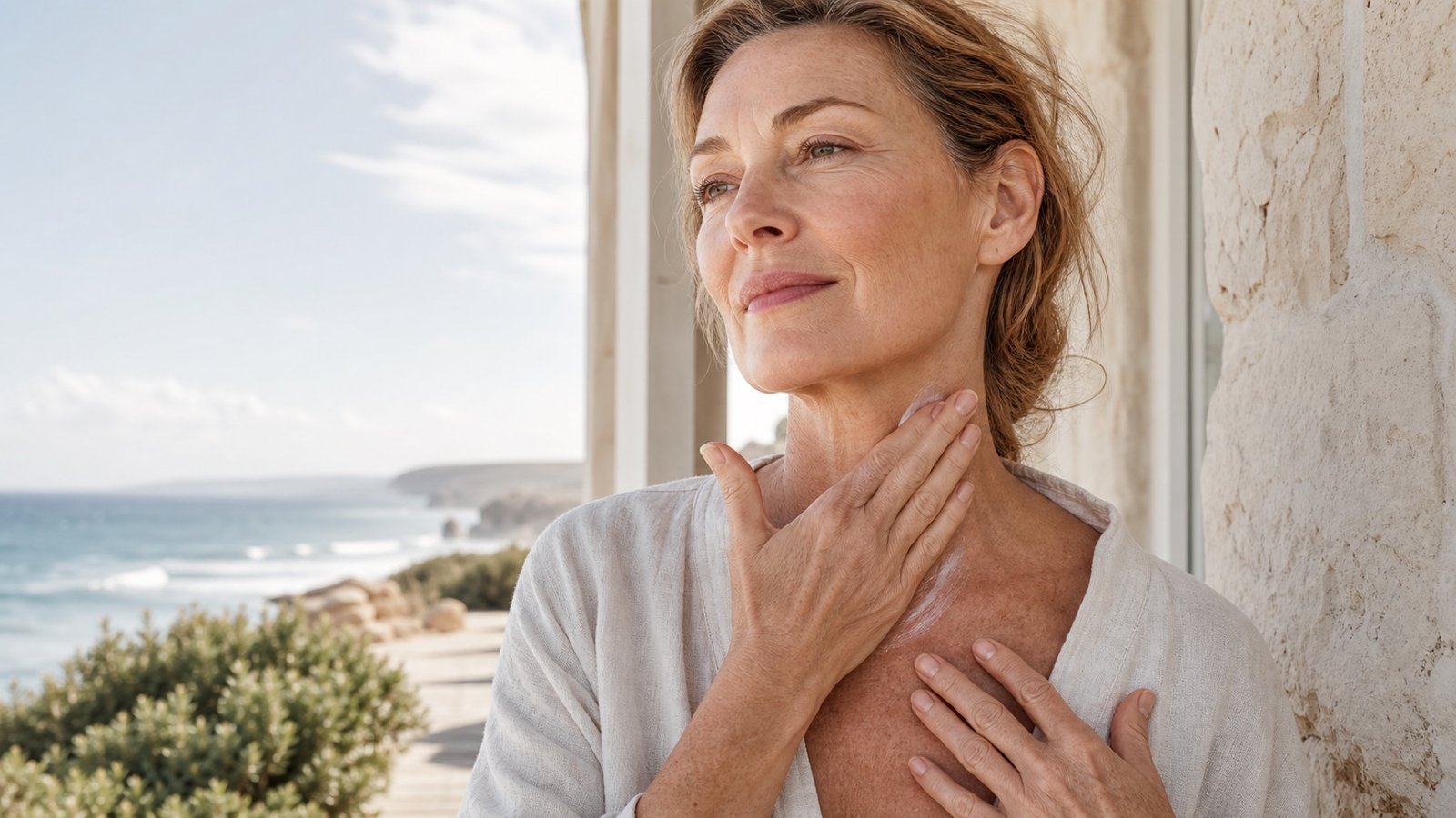 Australian woman in her late 50s gently moisturising the side of her neck in coastal light