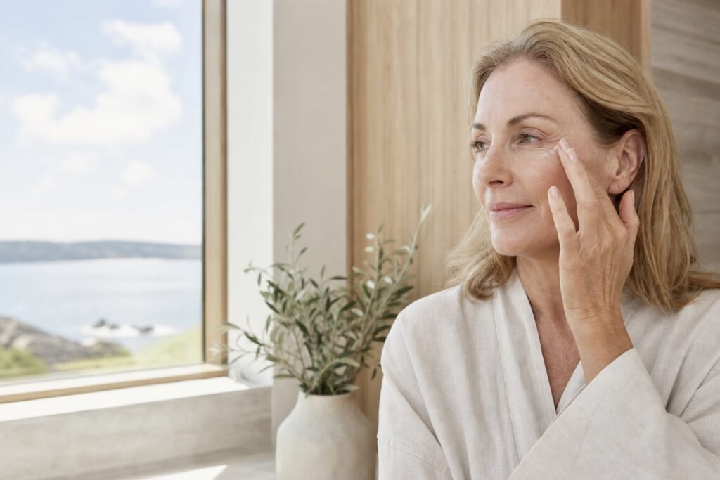 Woman in her late 50s patting eye cream around the orbital area with her ring finger