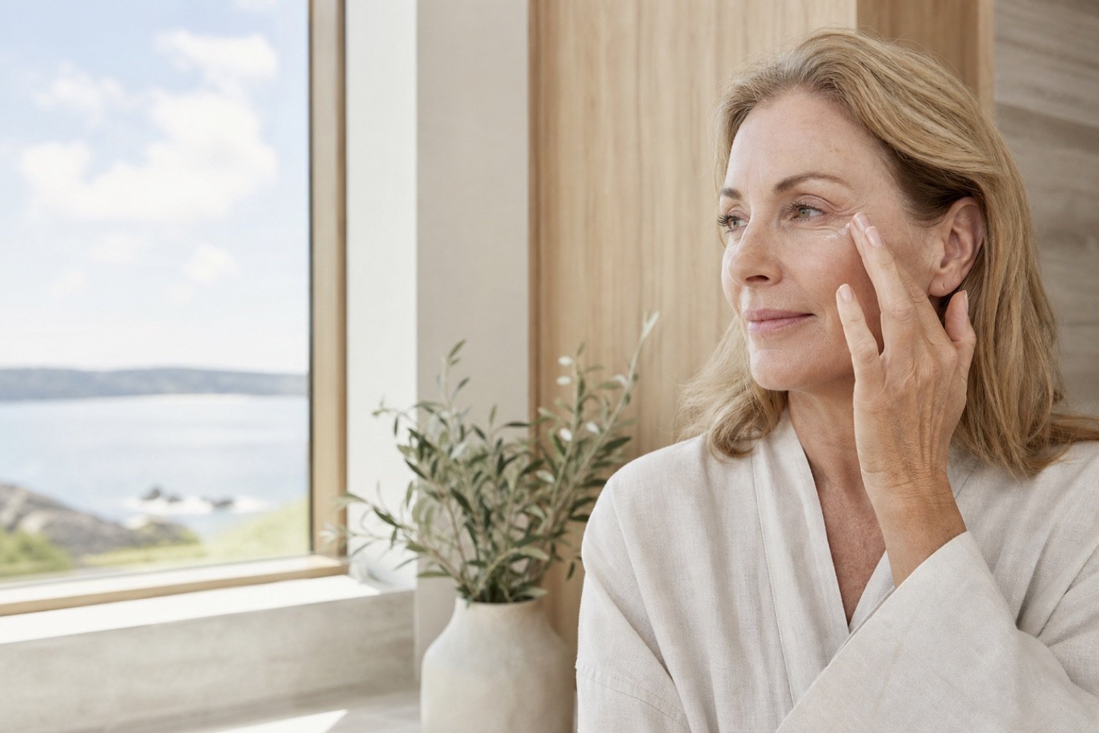 Woman in her late 50s patting eye cream around the orbital area with her ring finger