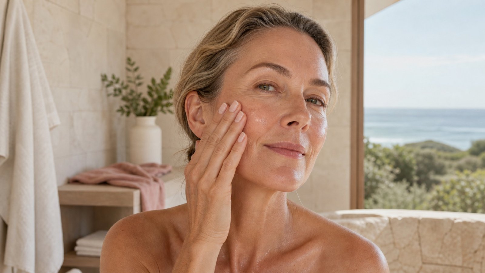 Australian woman in her early 50s pressing hydrating serum into slightly damp mature skin