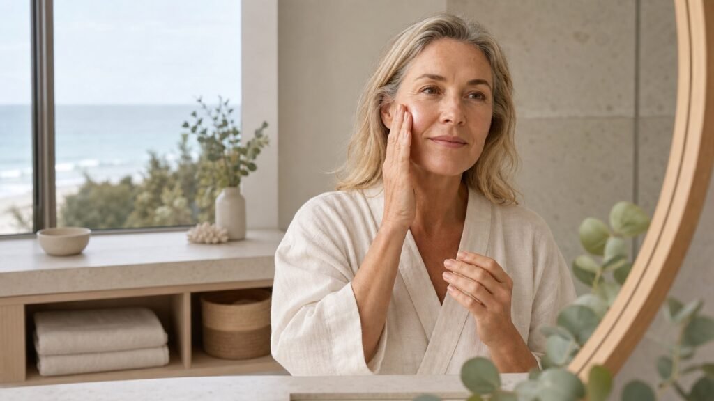 Australian woman in her early 50s pressing moisturiser into mature skin during a calm morning routine