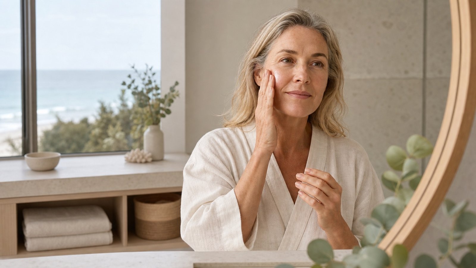 Australian woman in her early 50s pressing moisturiser into mature skin during a calm morning routine