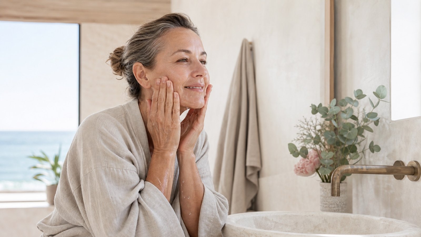 Australian woman in her mid-50s gently cleansing her face in a bright coastal bathroom