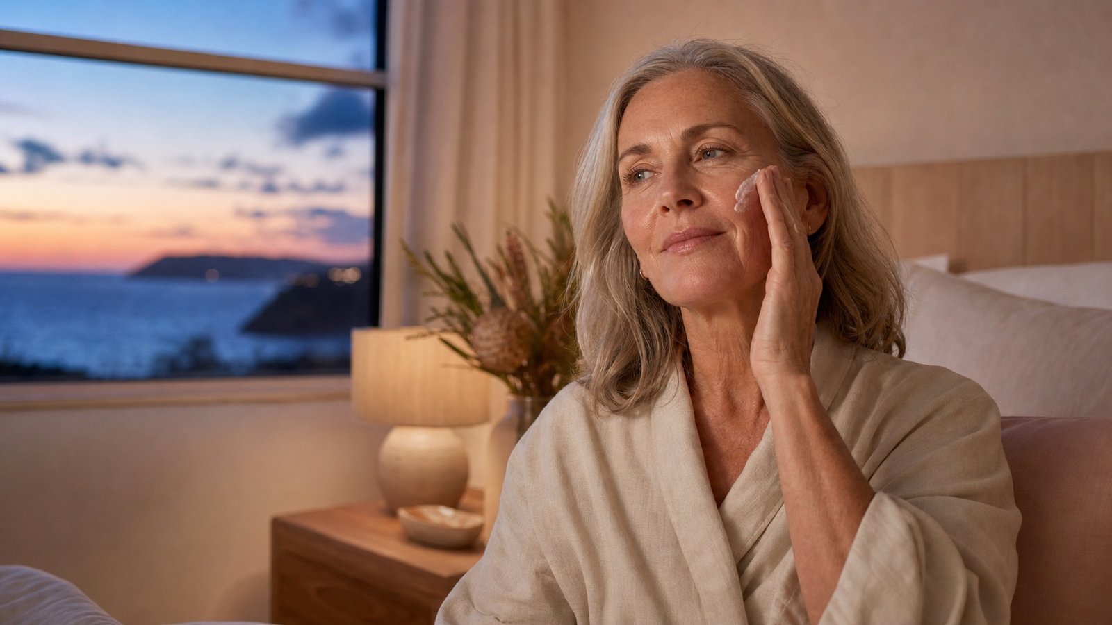 Australian woman in her early 60s applying cream during a calm coastal evening routine
