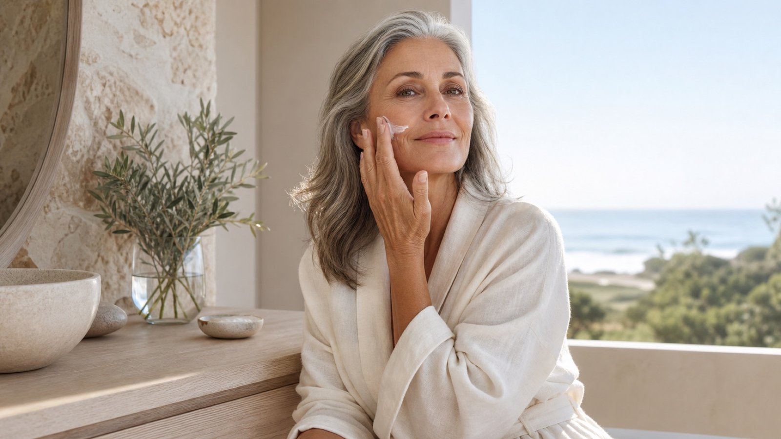 Australian woman in her mid-60s applying moisturiser during a simple coastal morning skincare routine