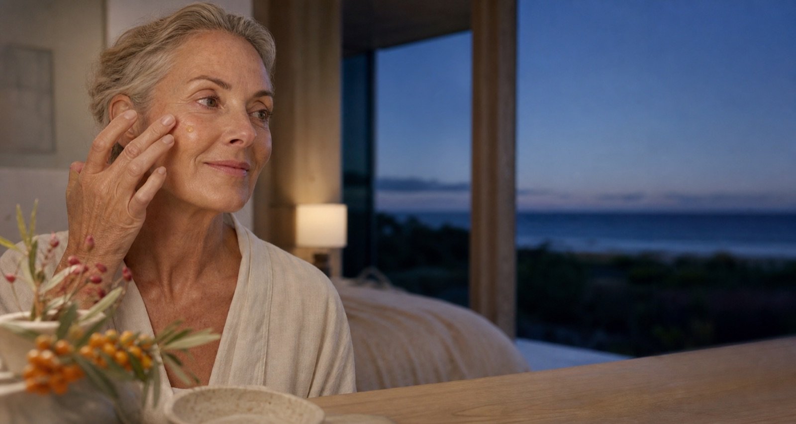 Woman around 60 applying one small drop of facial oil during an evening routine