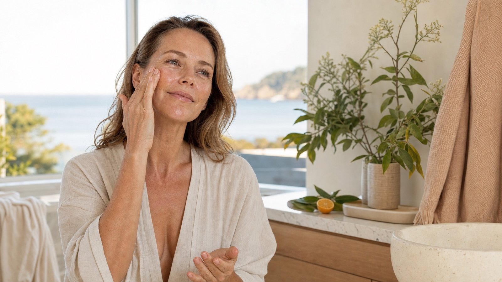 Australian woman in her late 40s applying serum during a bright coastal morning routine