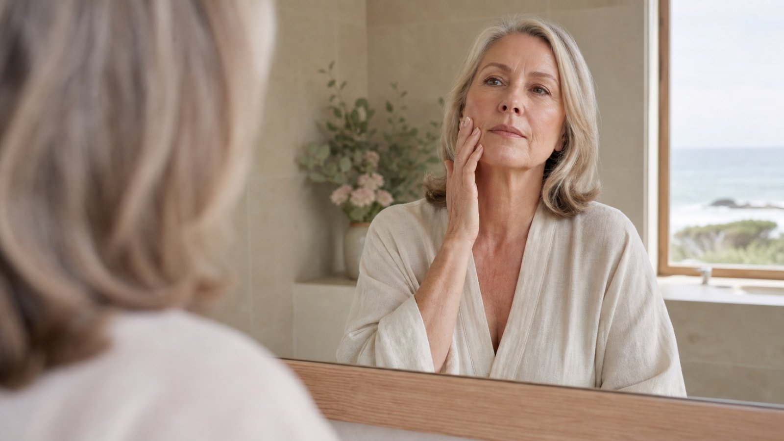 Australian woman in her late 50s calmly checking one cheek after moisturiser feels uncomfortable