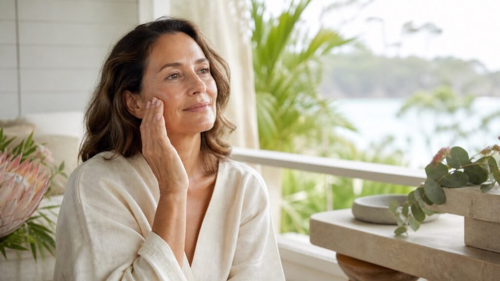 Woman over 50 applying light skincare on a shaded Australian coastal veranda