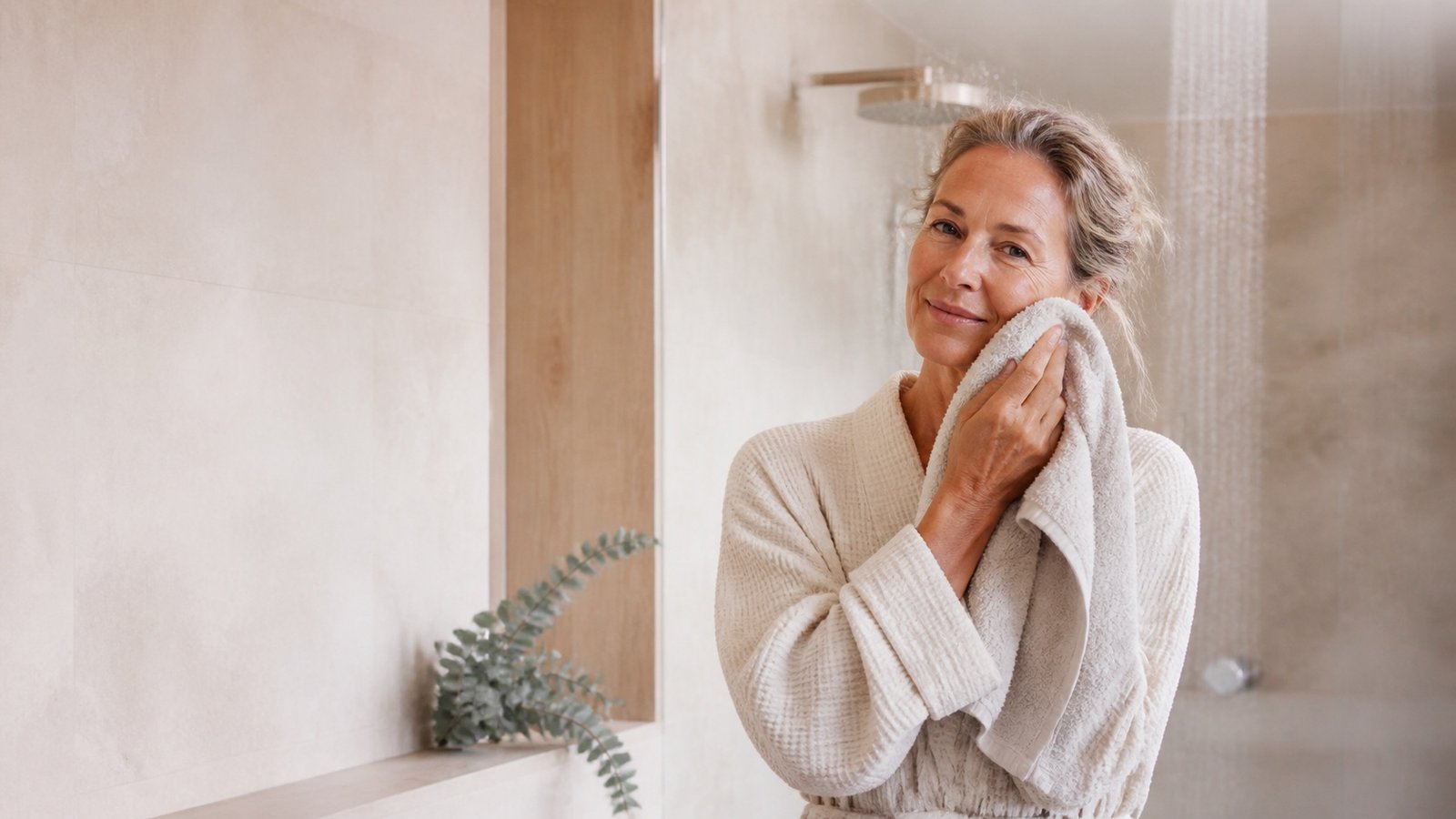 Australian woman over 50 gently patting her face dry after a shower