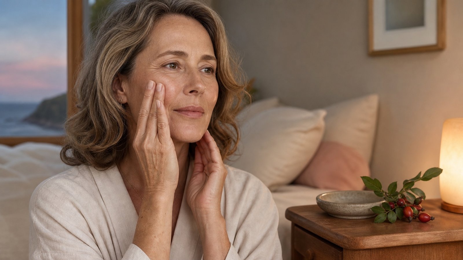 Woman in her late 50s pressing facial oil over mature skin during an evening ritual
