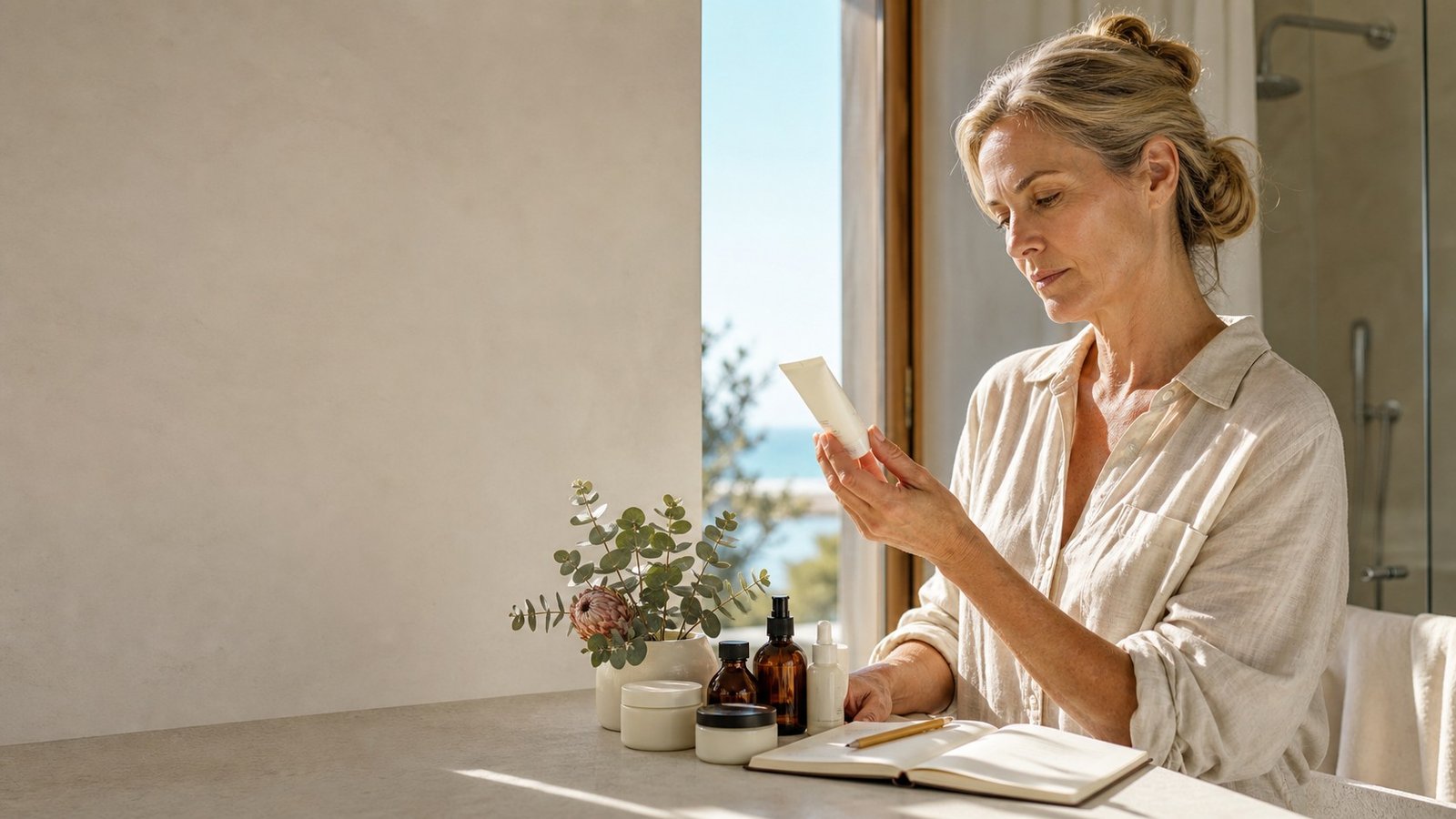 Australian woman over 50 checking skincare expiry information at a sunny vanity