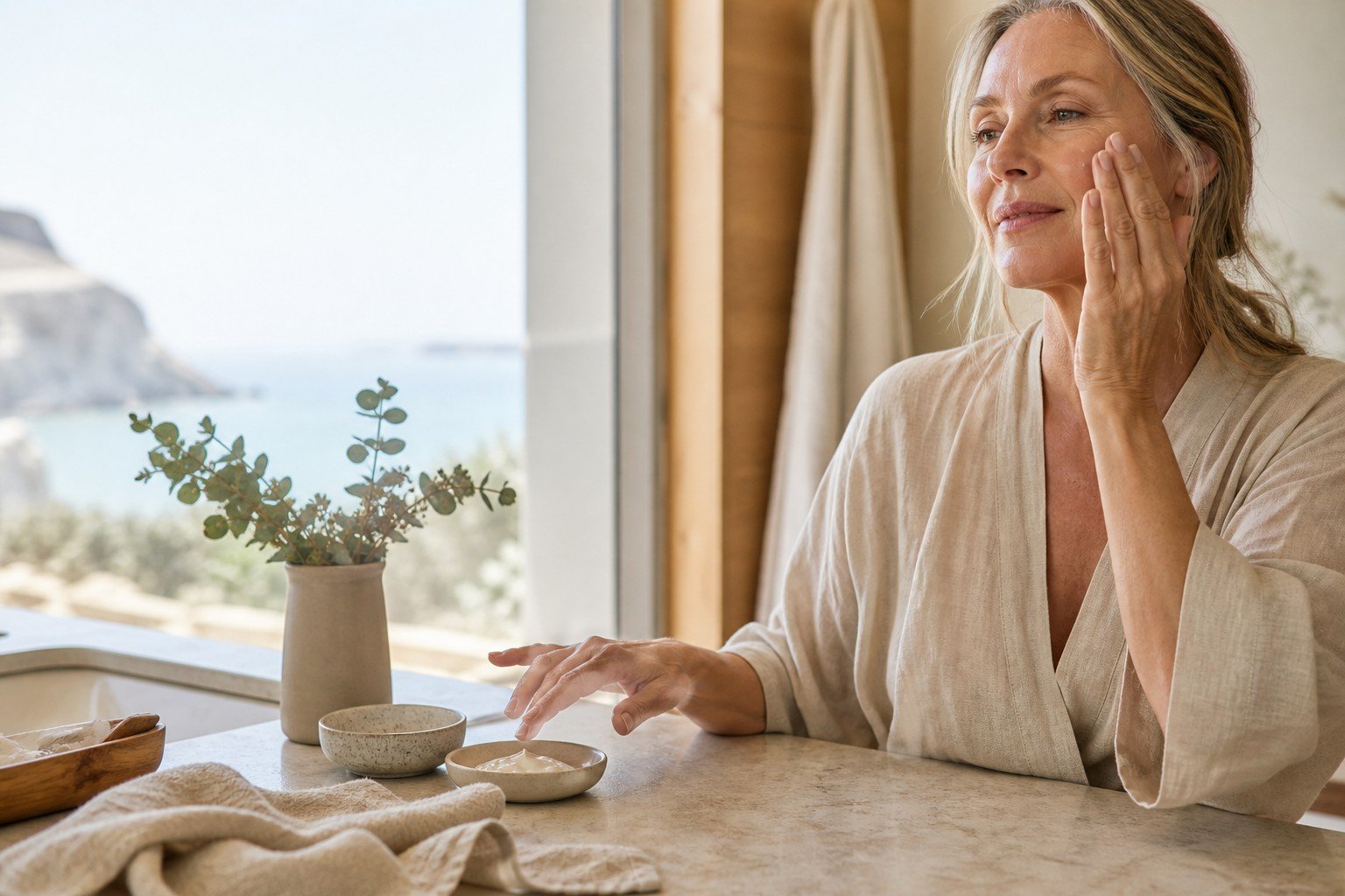 Australian woman over 50 applying moisturiser beside cream and oil textures