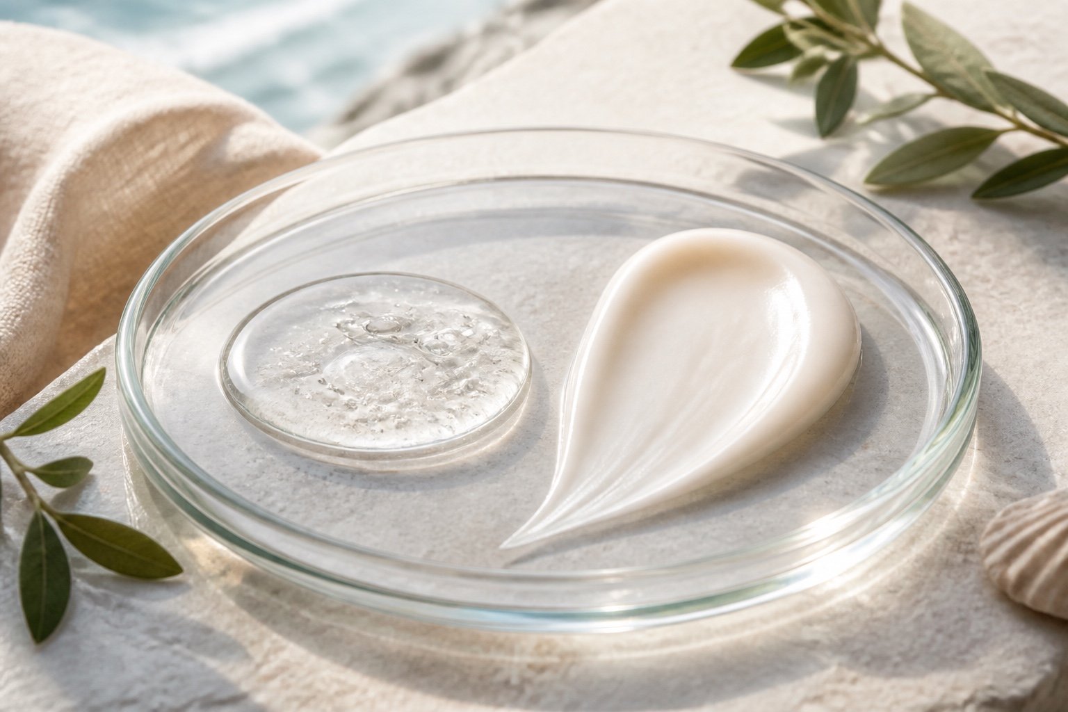 Clear hydrating gel and soft peptide cream textures on neutral stone
