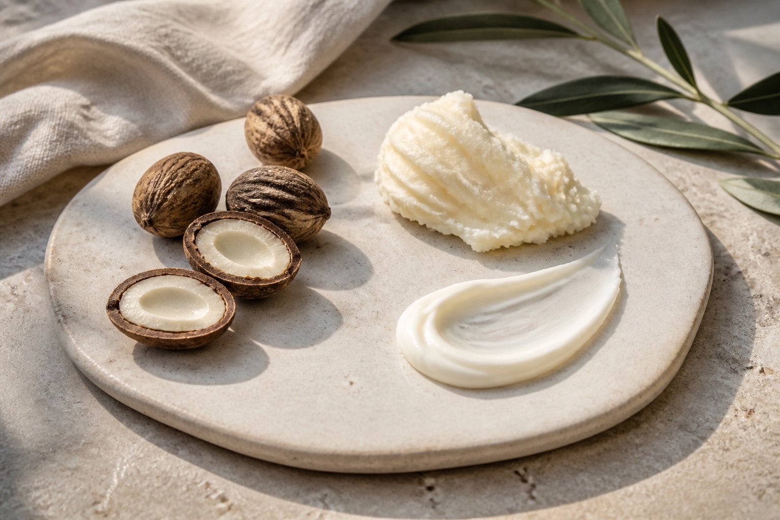 Shea nuts, ivory shea butter and a light cream texture on neutral stone
