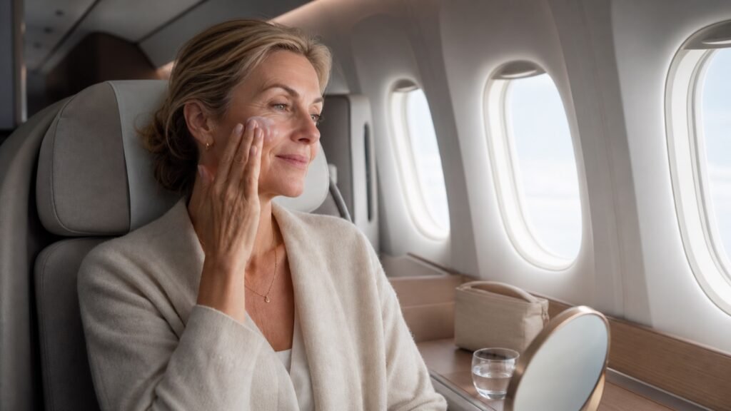 Woman over 50 gently moisturising mature skin during a long-haul flight