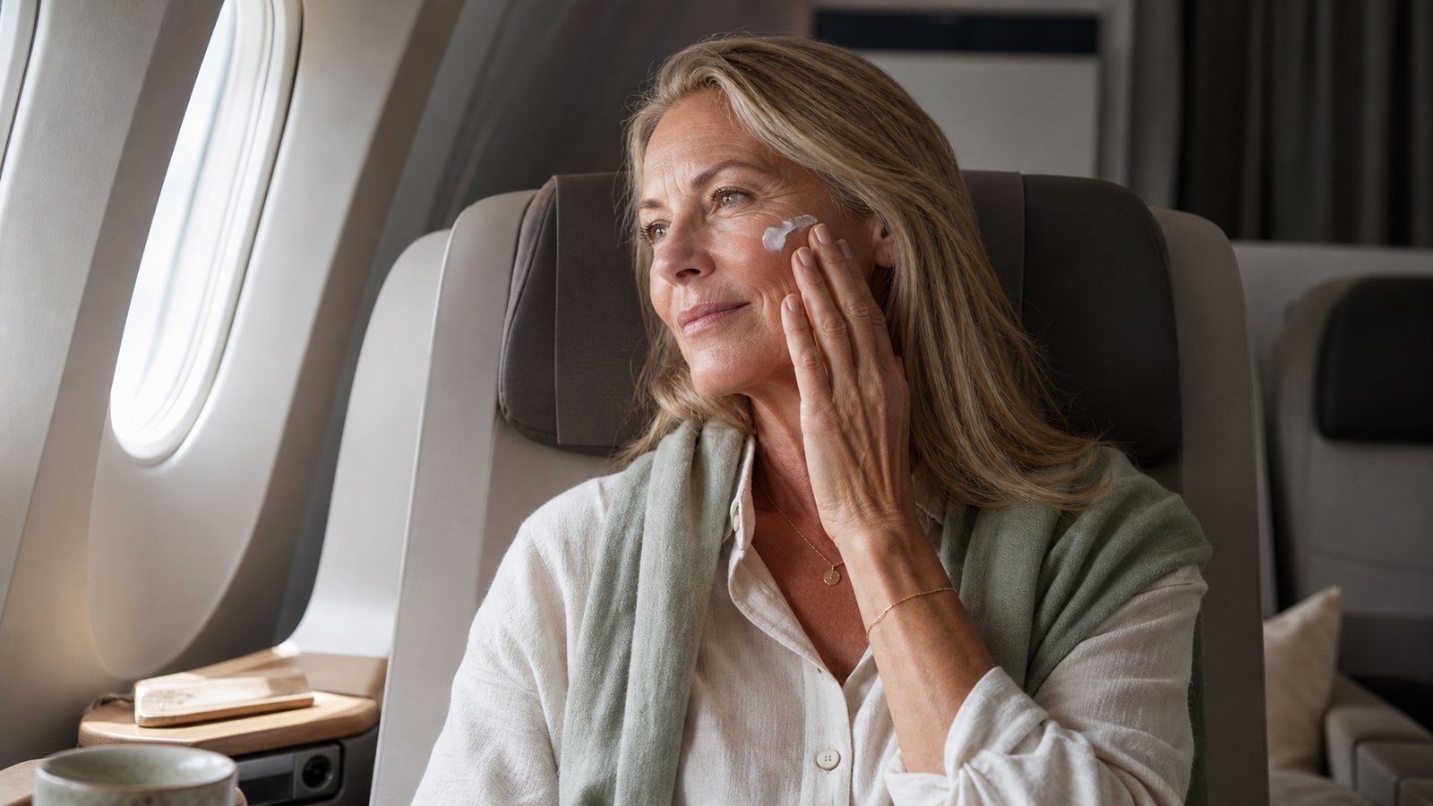 Australian woman over 50 applying moisturiser during a long-haul flight