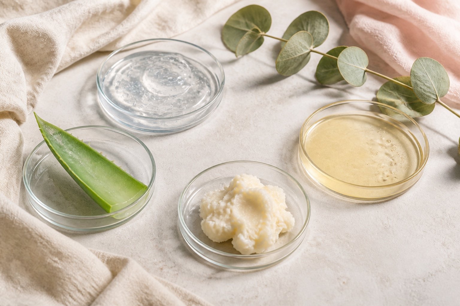 Clear hydration gel, aloe vera, shea butter and antioxidant serum textures