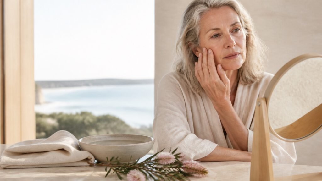 Woman over 60 thoughtfully assessing mature skin beside a soft cloth and water bowl