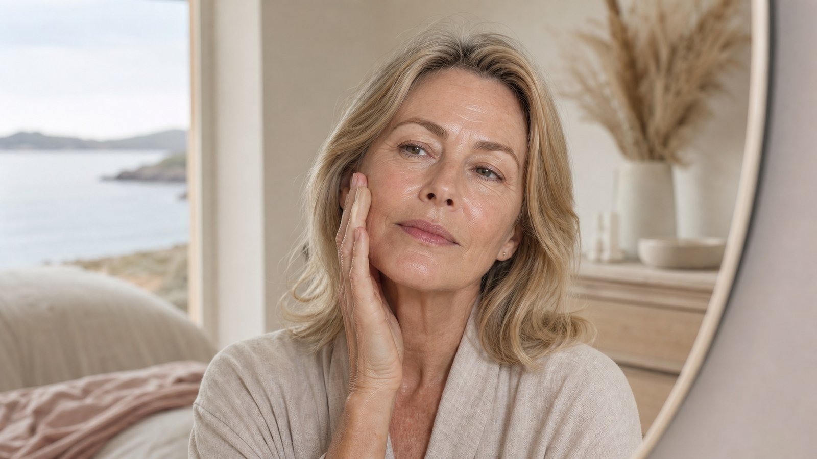 Australian woman over 50 gently checking dry-feeling skin during menopause