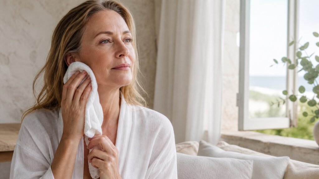 Australian woman over 50 cooling her cheek with a soft cloth during a menopause hot flush