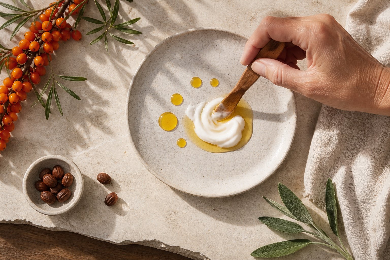 Golden botanical facial oil being blended with moisturiser on a neutral ceramic palette