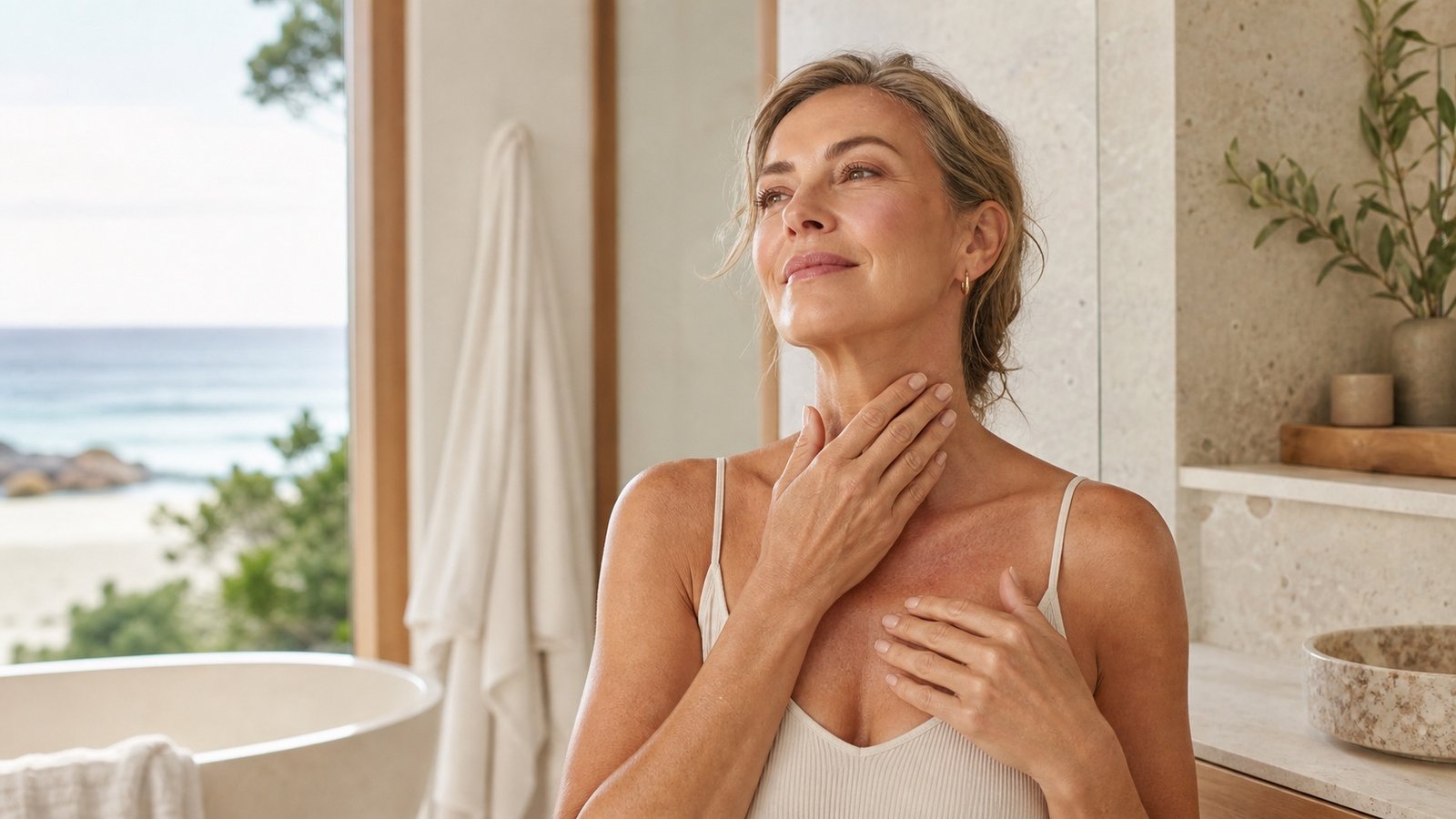Australian woman over 50 applying skincare to her neck and decolletage in coastal light