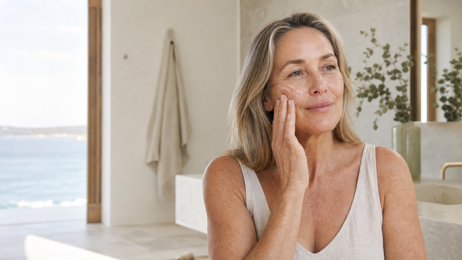 Woman over 50 applying clear serum in a softly lit coastal bathroom