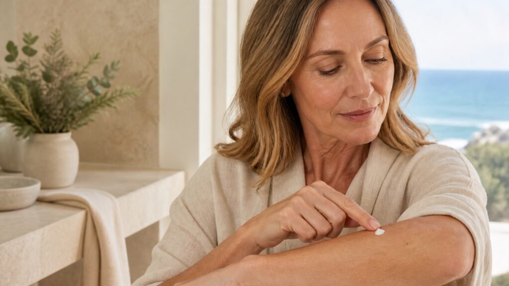 Australian woman over 50 patch testing a small amount of skincare on her inner forearm