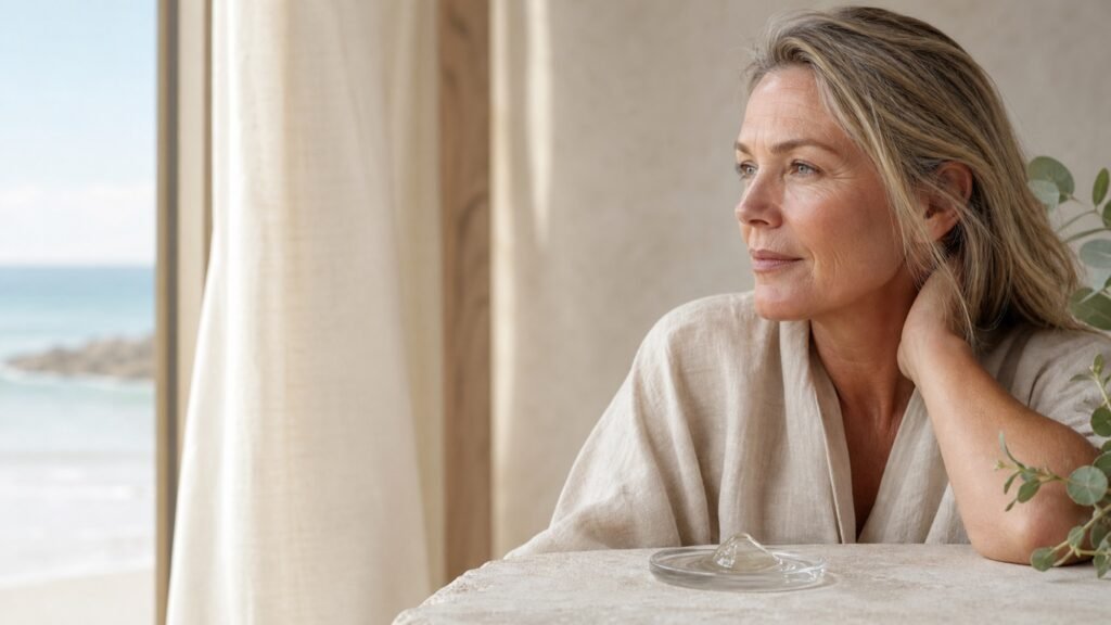 Mature woman beside silky serum texture in soft coastal light