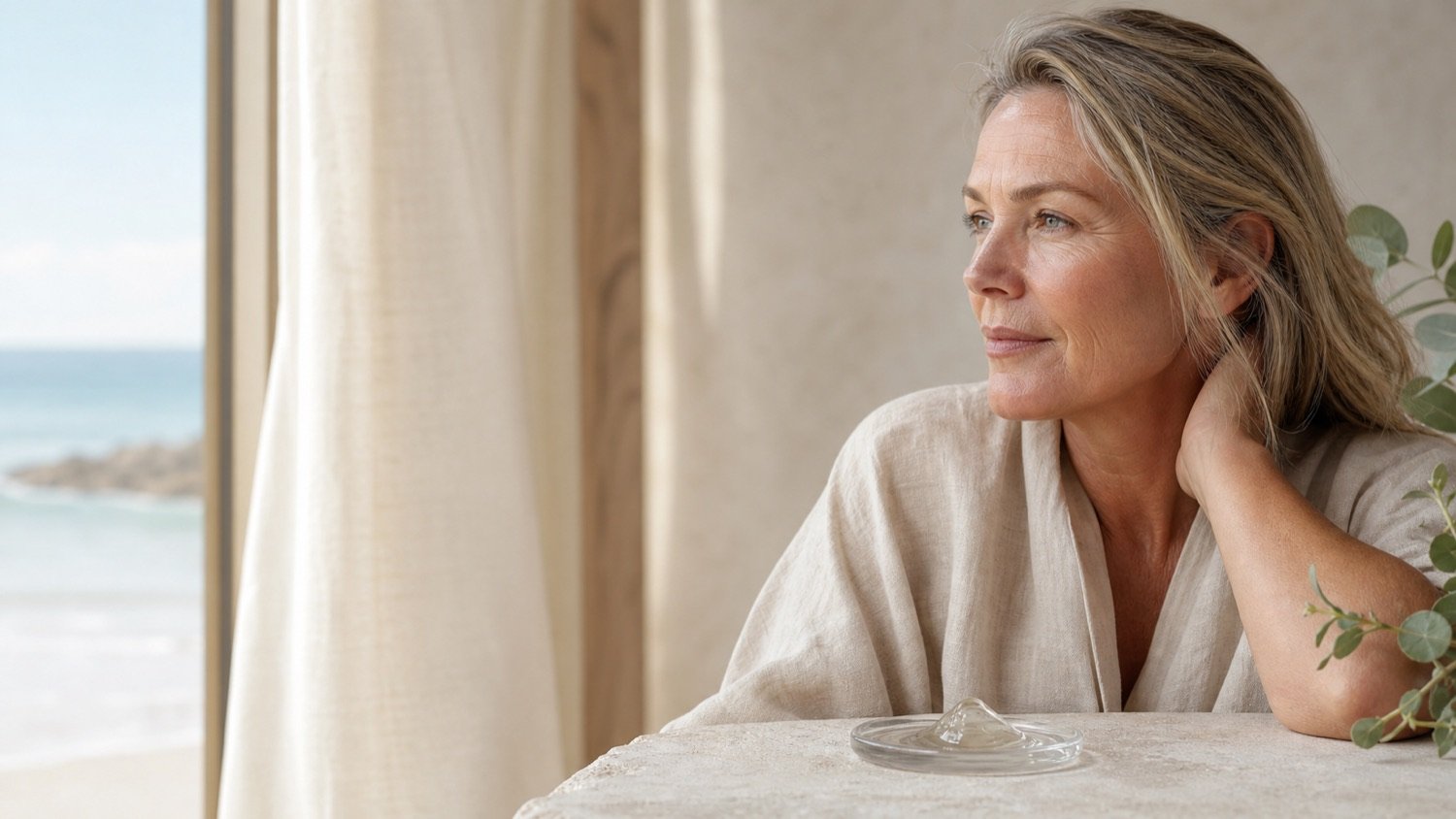 Mature woman beside silky serum texture in soft coastal light